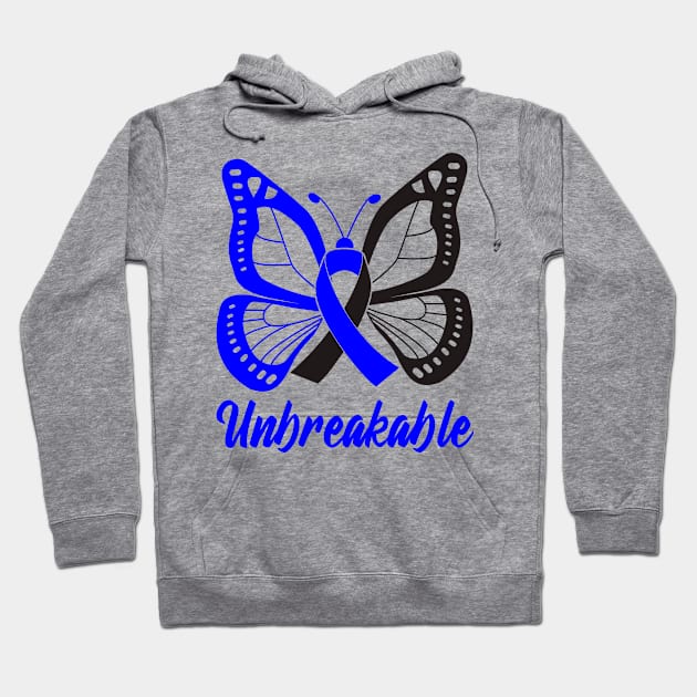 Blue and Black Butterfly Awareness Ribbon Unbreakable Hoodie by FanaticTee